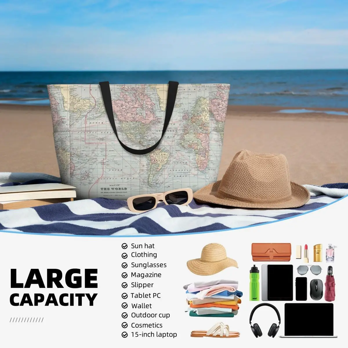 Vintage World Map 1901 Beach T - Yoga Fitness World recensie en prijs